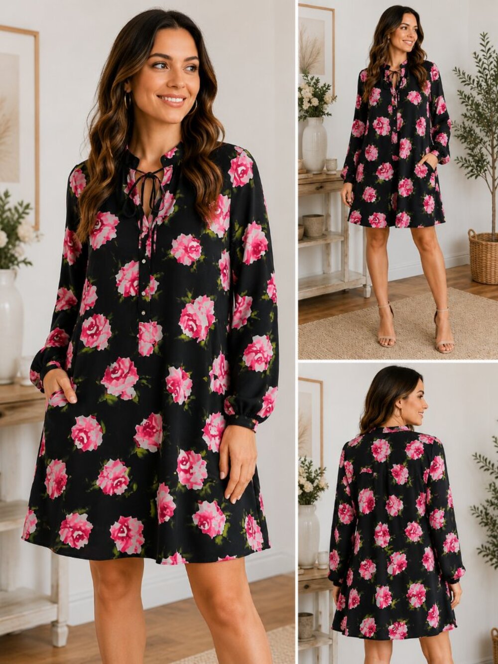 Buddy Love Kylie-2 Floral Rose Print Long Sleeve Mini Dress Medium